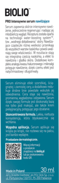 Etykieta serum Bioliq Pro 30ml z instrukcją i opisem, kod QR, biała góra, niebieski dół opakowania.