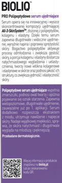 Etykieta serum BIOLIQ PRO Polipeptydowe ujędrniające. Widoczne szczegóły składu: All-3-SkinSystem™, peptydy, kolagen, elastyna.