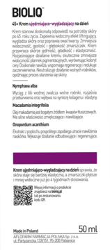 BIOLIQ 45+ Krem ujędrniająco-wygładzający na dzień, białe opakowanie z fioletowymi akcentami, tył z opisem i składnikami.
