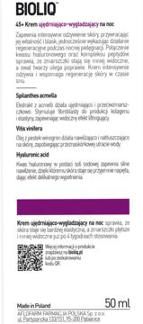 BIOLIQ 45+ Krem ujędrniająco-wygładzający na noc. Biała ulotka produktu z czarnym logo, fioletowym tytułem i tekstem, 50ml.