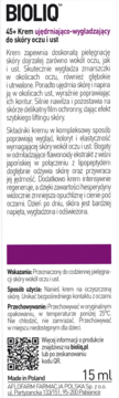 Tył białego opakowania BIOLIQ 45+ Krem ujędrniająco-wygładzający do skóry oczu i ust z tekstem i QR kodem.