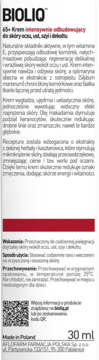 BIOLIQ 65+ Krem intensywnie odbudowujący do oczu, ust, szyi i dekoltu, 30ml, biały kartonik.
