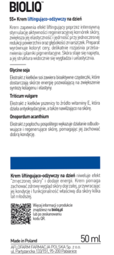 Tył białego opakowania kremu Bioliq 55+ liftingująco-odżywczego na dzień, z opisem składników i 50ml.