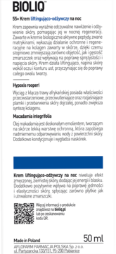 BIOLIQ 55+ Krem liftingująco-odżywczy na noc, etykieta z opisem działania, składników i 50 ml pojemności.