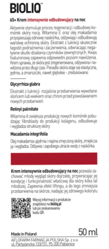Etykieta BIOLIQ 65+ Kremu intensywnie odbudowującego na noc z opisem składu, działania i QR kodem, widok prosty.