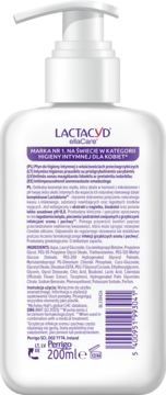 Lactacyd ellaCare płyn do higieny intymnej 200ml, tył białej butelki z pompką, opis łagodzenia infekcji.