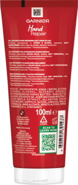 Garnier Hand Repair, regenerujący krem do rąk z syropem klonowym i alantoiną, czerwona tubka, widok z tyłu.