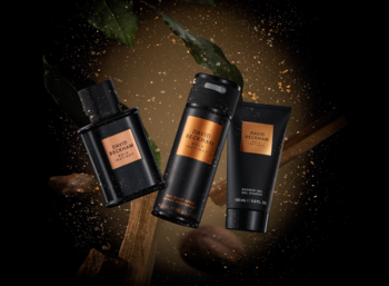 David Beckham Bold Instinct: czarna woda perfumowana, dezodorant i żel pod prysznic z miedzianymi etykietami.