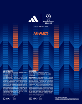 Tył opakowania zestawu Adidas UEFA Champions League Pro Player. Granatowe z pomarańczowo-błękitnym wzorem, widoczne składy i pojemności.