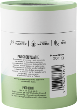 Tył zielono-białego opakowania suplementu dla psów Zdrovaśki Na trawienie, z tekstem PL i kodem kreskowym.
