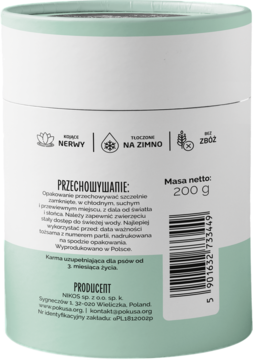 Tył zielonego opakowania suplementu dla psów Zdrovaśki Na wyciszenie, tłoczone na zimno, bez zbóż, 200g.