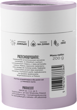 Tył jasnofioletowego opakowania Zdrovaśki Multiwitamina dla psów 200g. Widoczne ikony: tłoczone na zimno, bez zbóż.