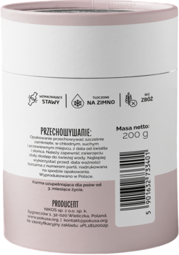Tył cylindrycznego, różowo-białego opakowania suplementu dla psów Zdrovaśki na stawy 200g, kod kreskowy.