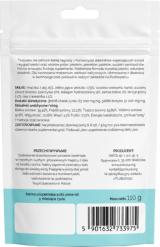 Tył białej torebki Zdrovaśki Na sierść i skórę, suplementu dla psów 110g, z danymi producenta i kodem kreskowym.