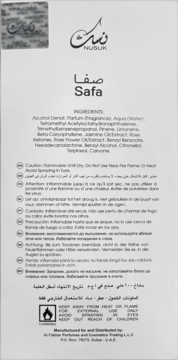 Tył opakowania perfum unisex Nusuk Safa z białą etykietą, widoczną listą składników i ostrzeżeniami.