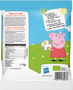 Tył opakowania organicznych chrupek kukurydzianych Peppa Pig z jabłkiem i marchwią, z tabelą i Peppą na trawie.
