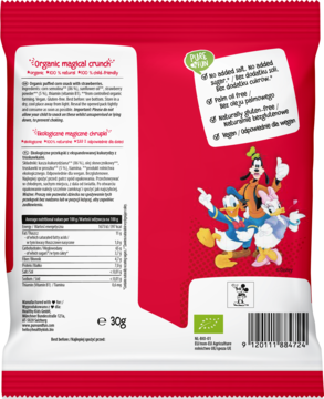 Tył czerwonego opakowania organicznego snacka kukurydzianego truskawkowego, z informacjami odżywczymi i postaciami Disneya.