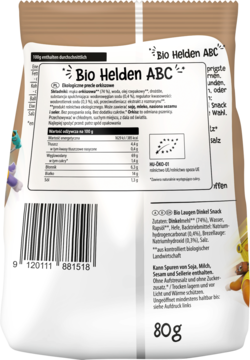 Tył brązowego opakowania organicznych precli orkiszowych Bio Helden ABC 80g, z tabelą wartości odżywczych i listą składników.