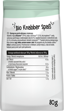 Tył opakowania bio precli orkiszowych z ciecierzycą, z tabelą wartości odżywczych i wagą 80g.