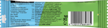 Tył opakowania organicznego batonika owocowo-zbożowego. Zielono-niebieskie, z tabelą wartości odżywczych i kodem.