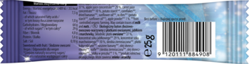 Tył fioletowo-niebieskiego opakowania organicznego batona zbożowego z owsem, jabłkiem i marchewką, kod kreskowy.
