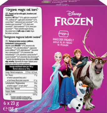 Organiczne batony owsiane Disney Frozen, pudełko 6x23g, z Elsą, Anną i Olafem na purpurowym tle, widok z przodu.