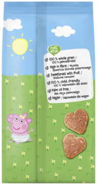 Tył opakowania organicznych ciastek owsianych Peppa Pig, 100% pełnoziarnistych, słodzonych owocami, z grafiką Peppy i sercami.