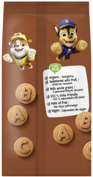 Tył opakowania organicznych ciastek z orkiszkiem, Paw Patrol, napisem PURE, literkami ABC i cechami produktu.