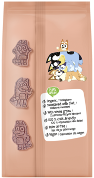 Tył beżowego opakowania organicznych ciasteczek orkiszowych. Słodzone owocami, pełnoziarniste, bez oleju palmowego, z postaciami Bluey.
