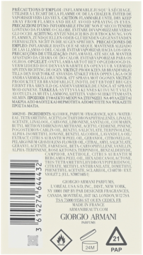 Tył kartonowego opakowania Giorgio Armani Acqua di Gio Intense, z listą składników, kodem kreskowym i instrukcjami.