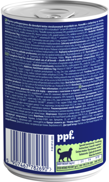 Tył niebieskiej puszki karmy dla kota OptiVital Steril z cielęciną, widoczne etykiety, barcode i tabelka.