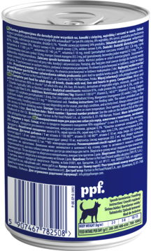 Tył ciemnoniebieskiej puszki karmy OptiVital dla psa, z etykietami składników, kodem kreskowym i logo ppf.
