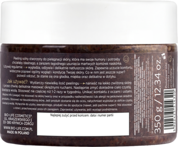 Tył opakowania peelingu Piumo Coffee Vibes. Ciemna tubka z widocznym kawowym scrubem i opisem produktu.