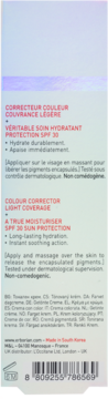 Tył opakowania kremu korygującego Erborian SPF 30 z angielskim opisem, kodem kreskowym i symbolem PAO 12M.