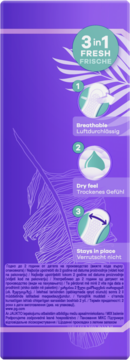 Tył fioletowego opakowania Always Daily Fresh Normal. Wkładki 3w1: Fresh, Breathable, Dry feel, Stays in place.