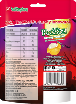 Tył czerwono-fioletowego opakowania żelków Amos Peelerz Gummy Mummy 65g z sokiem, z tabelą odżywczą i kodem.