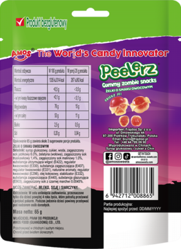 Amos Peelrz Gummy Zombie Snacks, tył opakowania z danymi żywieniowymi i grafiką zombie, fioletowo-zielone.