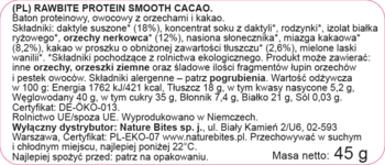 Etykieta Rawbite Protein Smooth Cacao 45g, zbliżenie na listę składników i tabelę wartości odżywczych, polska.
