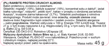 RAWBITE Protein Crunchy Almond: detal opakowania, lista składników i wartości odżywcze po polsku.