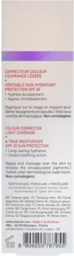 Tył opakowania kremu korygującego Erborian SPF 30, odcień Porcelain. Białe pudełko z opisem i kodem kreskowym.