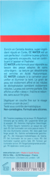 Tylna strona błękitnego opakowania CC WATER, krem korygujący z Centella Asiatica, z francuskim tekstem i kodem kreskowym.