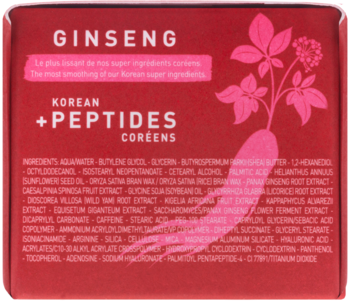Tył czerwonego opakowania kremu do twarzy Ginseng + Peptides z listą składników i grafiką żeń-szenia.