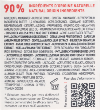 Tył białego opakowania kremu pod oczy z długą listą składników, napisem „90% naturalnych” i kodem QR.