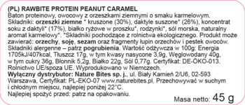 Tylna etykieta batona RAWBITE Protein Peanut Caramel z informacjami o składnikach, wartościach odżywczych i masie 45g.