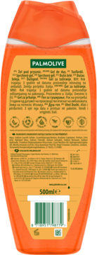 Tył pomarańczowej butelki Palmolive Thermal Spa Peeling pod prysznic 500ml, mirabelka i zielona herbata.