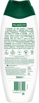Tył butelki Palmolive kremowy żel pod prysznic 500ml, zielono-białe opakowanie z informacjami i kodem.