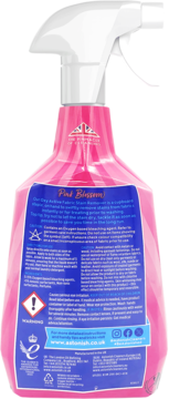 Tył różowego odplamiacza Astonish Pink Blossom do tkanin, biały atomizer, instrukcje i ostrzeżenia.
