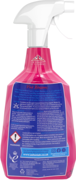 Tył butelki odplamiacza Astonish Oxy Active Pink Blossom w sprayu, różowa butelka, niebieska etykieta z tekstem.