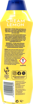 Tył żółtej butelki Astonish Cream Lemon, ze składnikami, instrukcjami użycia i ostrzeżeniami bezpieczeństwa.