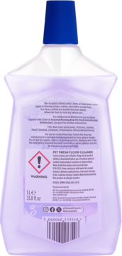 Tył fioletowej butelki Astonish Pet Fresh Floor Cleaner 1L, z niebieską nakrętką, instrukcjami i kodem kreskowym.